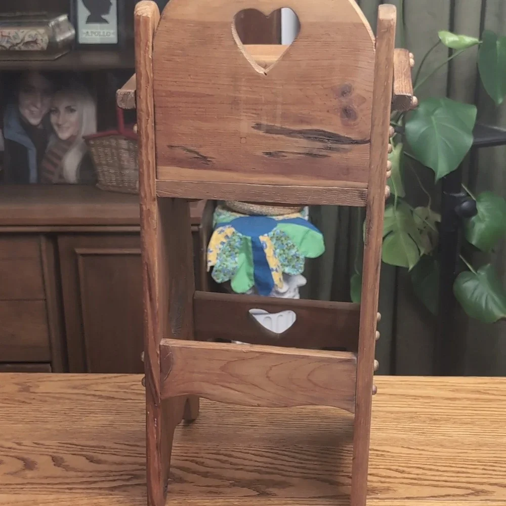 Vintage Wooden Doll High Chair Brown Heart Cutouts Doll Furniture